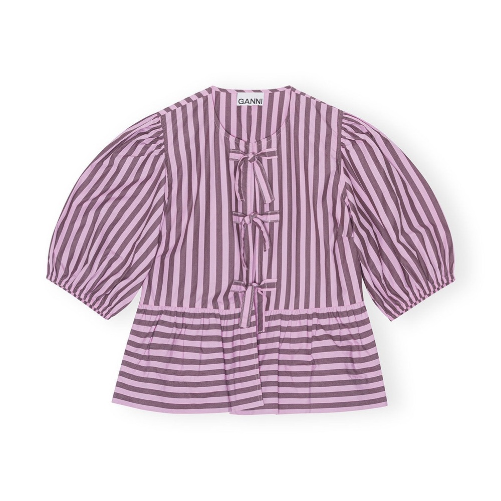Ganni Cotton Pink Poplin Peplum Tie Blouse